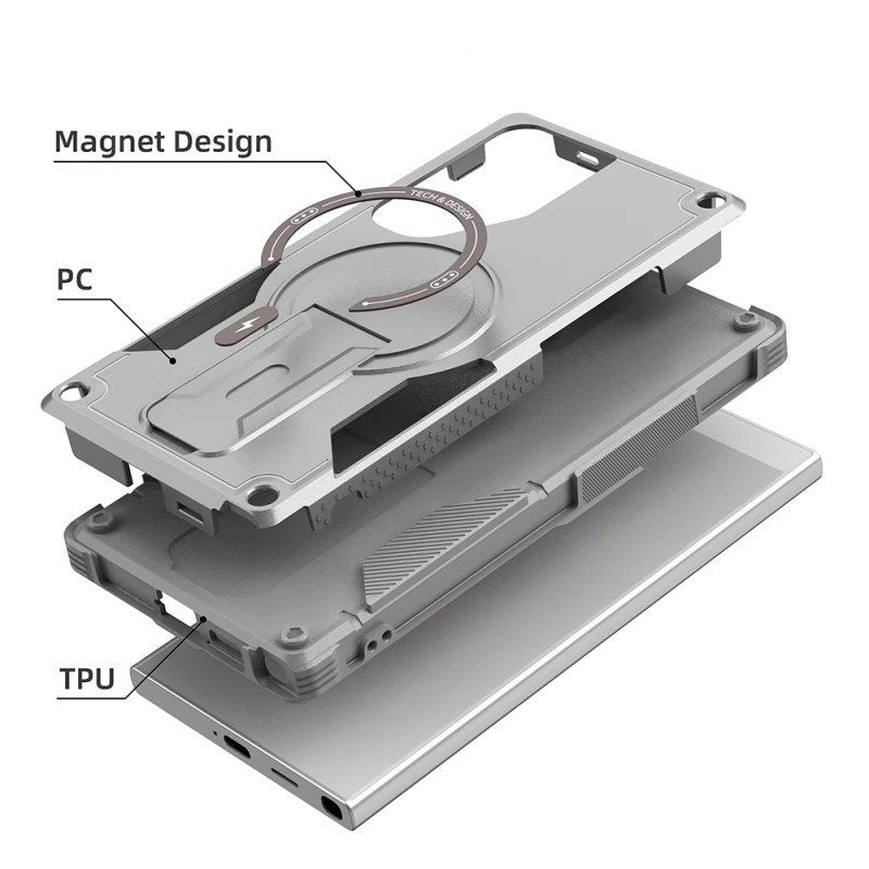 TitanShield magnetic kickstand case for iPhone with MagSafe ring, reinforced corners, and built-in kickstand for wireless charging support