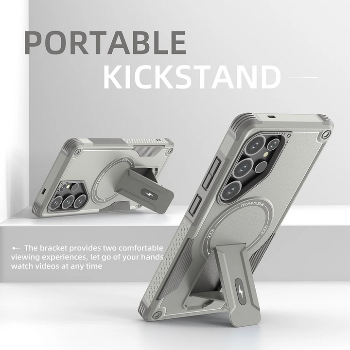 TitanShield magnetic kickstand case for iPhone with MagSafe ring, reinforced corners, and built-in kickstand for wireless charging support