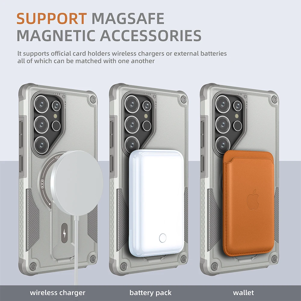TitanShield magnetic kickstand case for iPhone with MagSafe ring, reinforced corners, and built-in kickstand for wireless charging support
