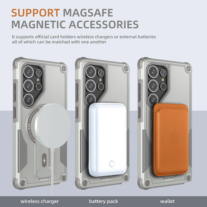 TitanShield magnetic kickstand case for iPhone with MagSafe ring, reinforced corners, and built-in kickstand for wireless charging support