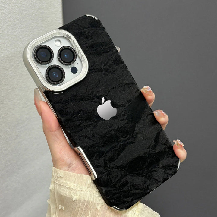 Elegant iPhone case cover with textured black velvet finish and silver edges 