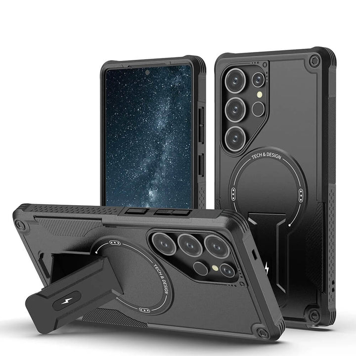 TitanShield magnetic kickstand case for iPhone with MagSafe ring, reinforced corners, and built-in kickstand for wireless charging support