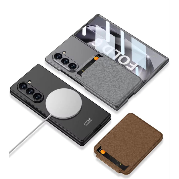 Samsung Galaxy Z Fold6 case with magnetic wireless charging ring, leather card holder stand, and full hinge protection