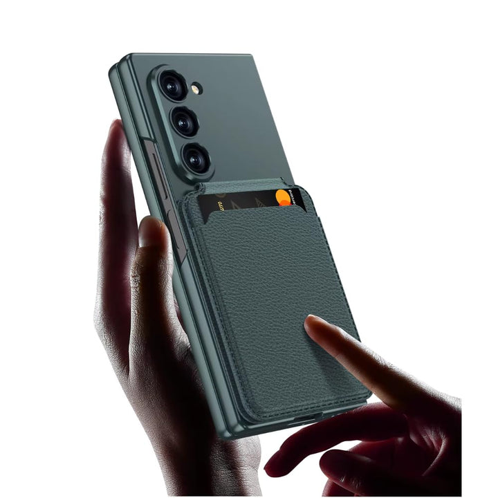 Samsung Galaxy Z Fold6 case with magnetic wireless charging ring, leather card holder stand, and full hinge protection