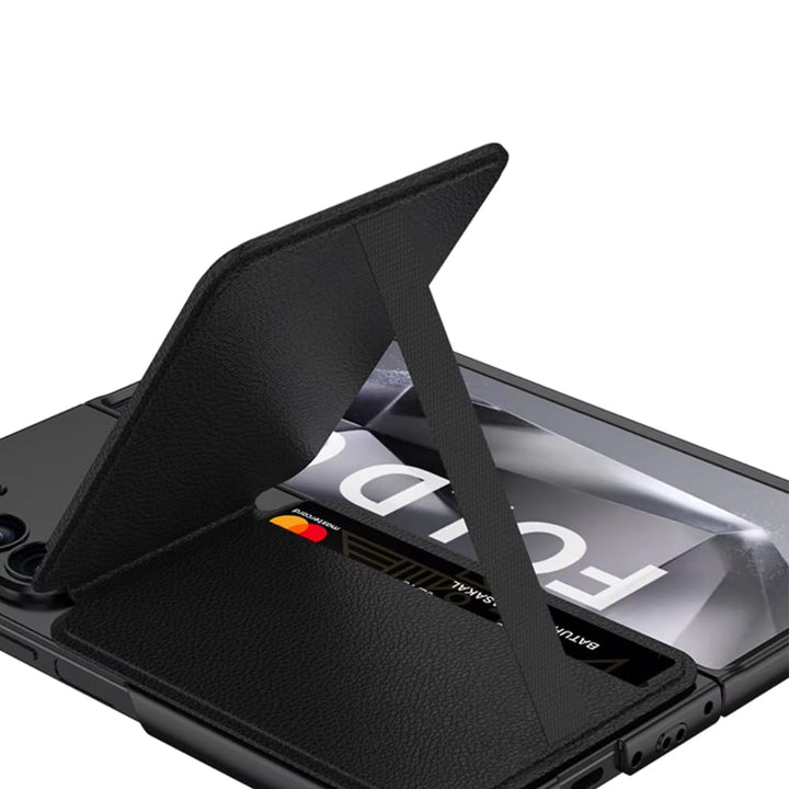Samsung Galaxy Z Fold6 case with magnetic wireless charging ring, leather card holder stand, and full hinge protection