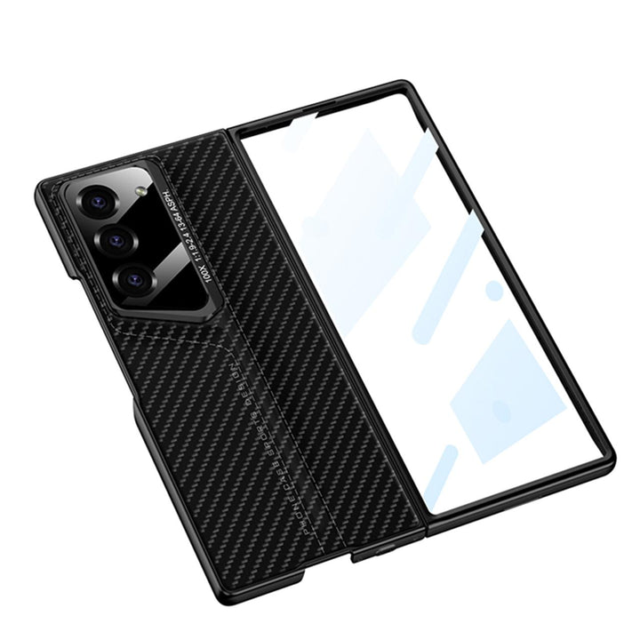 CarbonForge Armor Case for Samsung Galaxy Z Fold6 with stitched detailing, hinge protection, and front tempered glass
