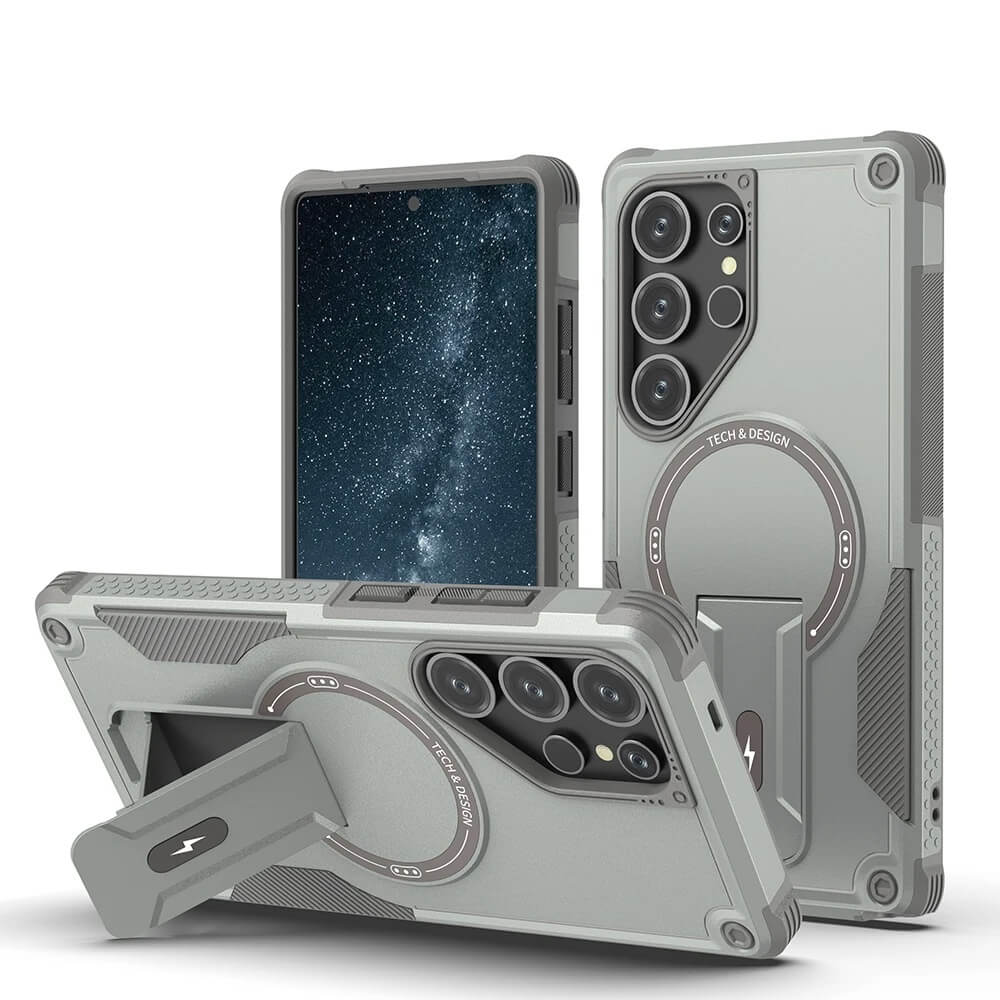 TitanShield magnetic kickstand case for iPhone with MagSafe ring, reinforced corners, and built-in kickstand for wireless charging support