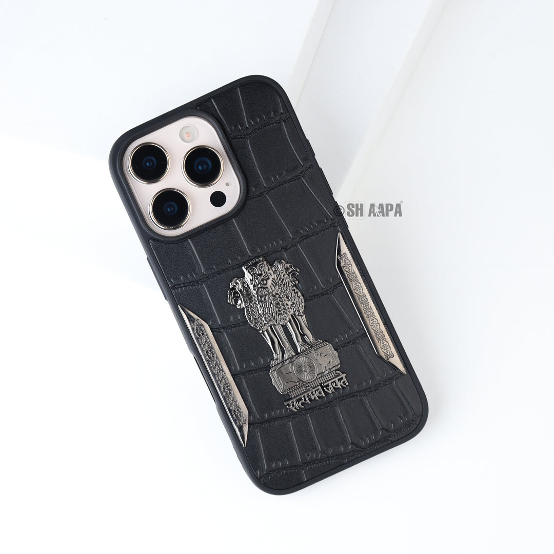 iPhone 14 Series Satyamev Jayate Textured Leather Case