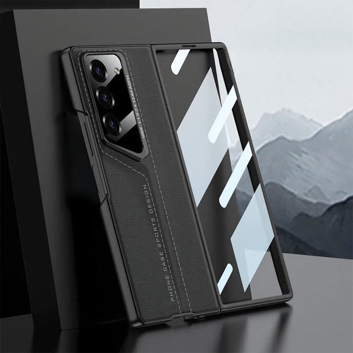 CarbonForge Armor Case for Samsung Galaxy Z Fold6 with stitched detailing, hinge protection, and front tempered glass