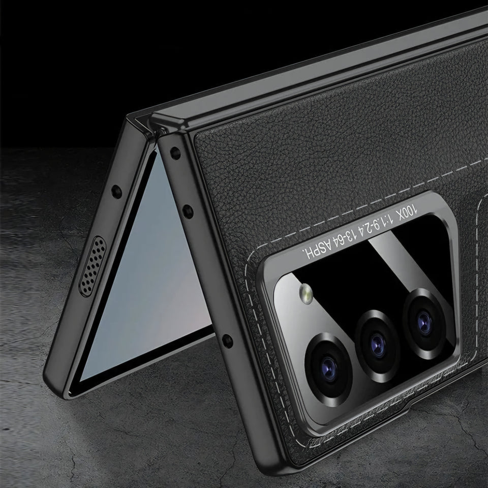 CarbonForge Armor Case for Samsung Galaxy Z Fold6 with stitched detailing, hinge protection, and front tempered glass