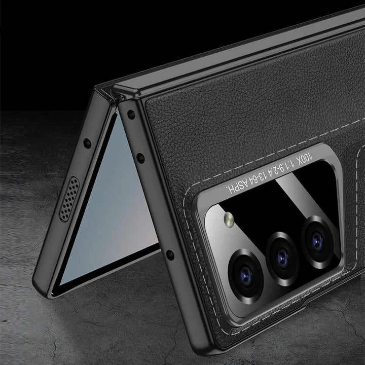 CarbonForge Armor Case for Samsung Galaxy Z Fold6 with stitched detailing, hinge protection, and front tempered glass