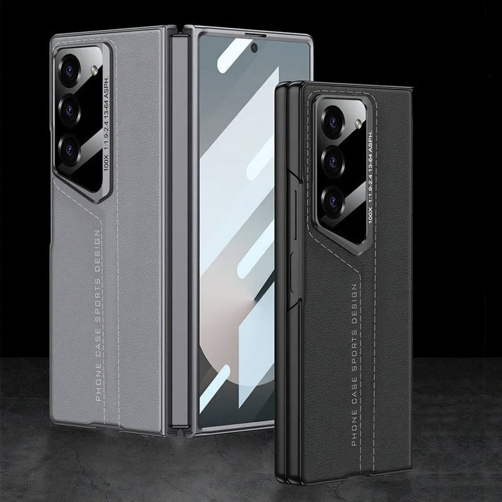 CarbonForge Armor Case for Samsung Galaxy Z Fold6 with stitched detailing, hinge protection, and front tempered glass