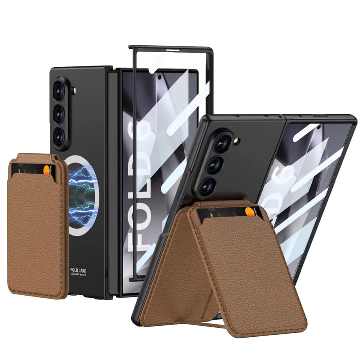 Samsung Galaxy Z Fold6 case with magnetic wireless charging ring, leather card holder stand, and full hinge protection