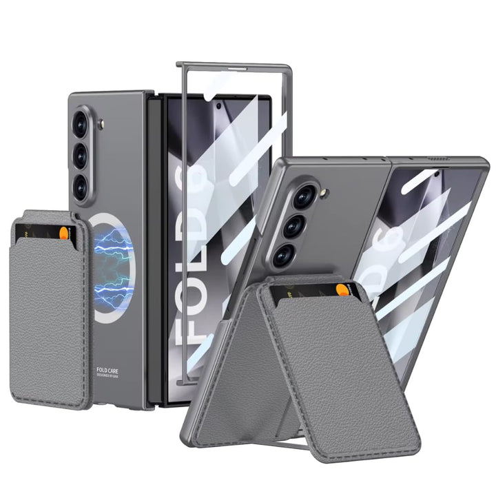 Samsung Galaxy Z Fold6 case with magnetic wireless charging ring, leather card holder stand, and full hinge protection
