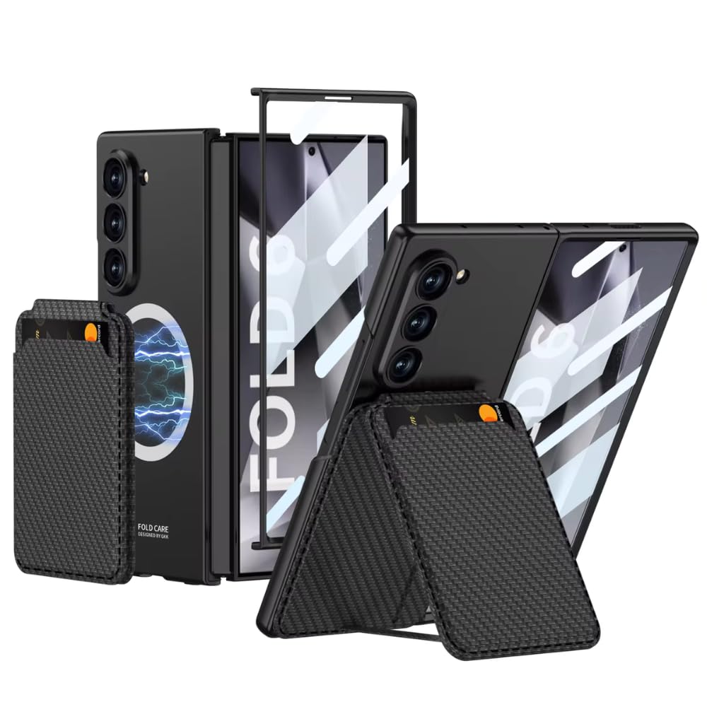 Samsung Galaxy Z Fold6 case with magnetic wireless charging ring, leather card holder stand, and full hinge protection