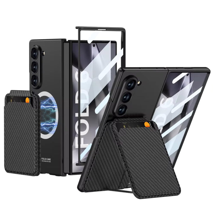 Samsung Galaxy Z Fold6 case with magnetic wireless charging ring, leather card holder stand, and full hinge protection
