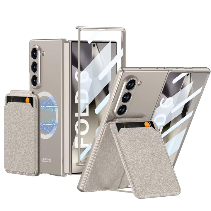 Samsung Galaxy Z Fold6 case with magnetic wireless charging ring, leather card holder stand, and full hinge protection
