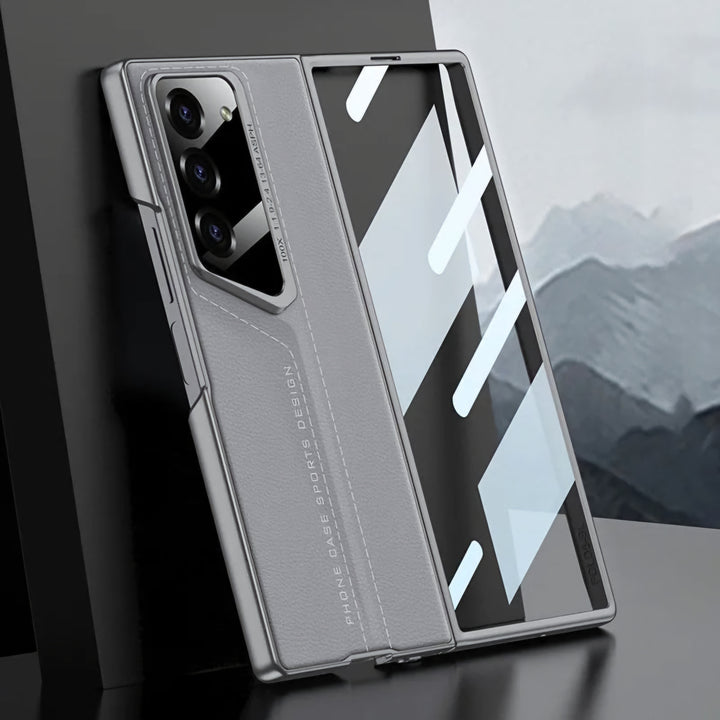 CarbonForge Armor Case for Samsung Galaxy Z Fold6 with stitched detailing, hinge protection, and front tempered glass
