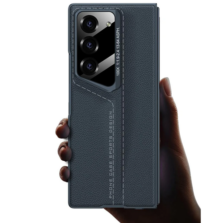 CarbonForge Armor Case for Samsung Galaxy Z Fold6 with stitched detailing, hinge protection, and front tempered glass