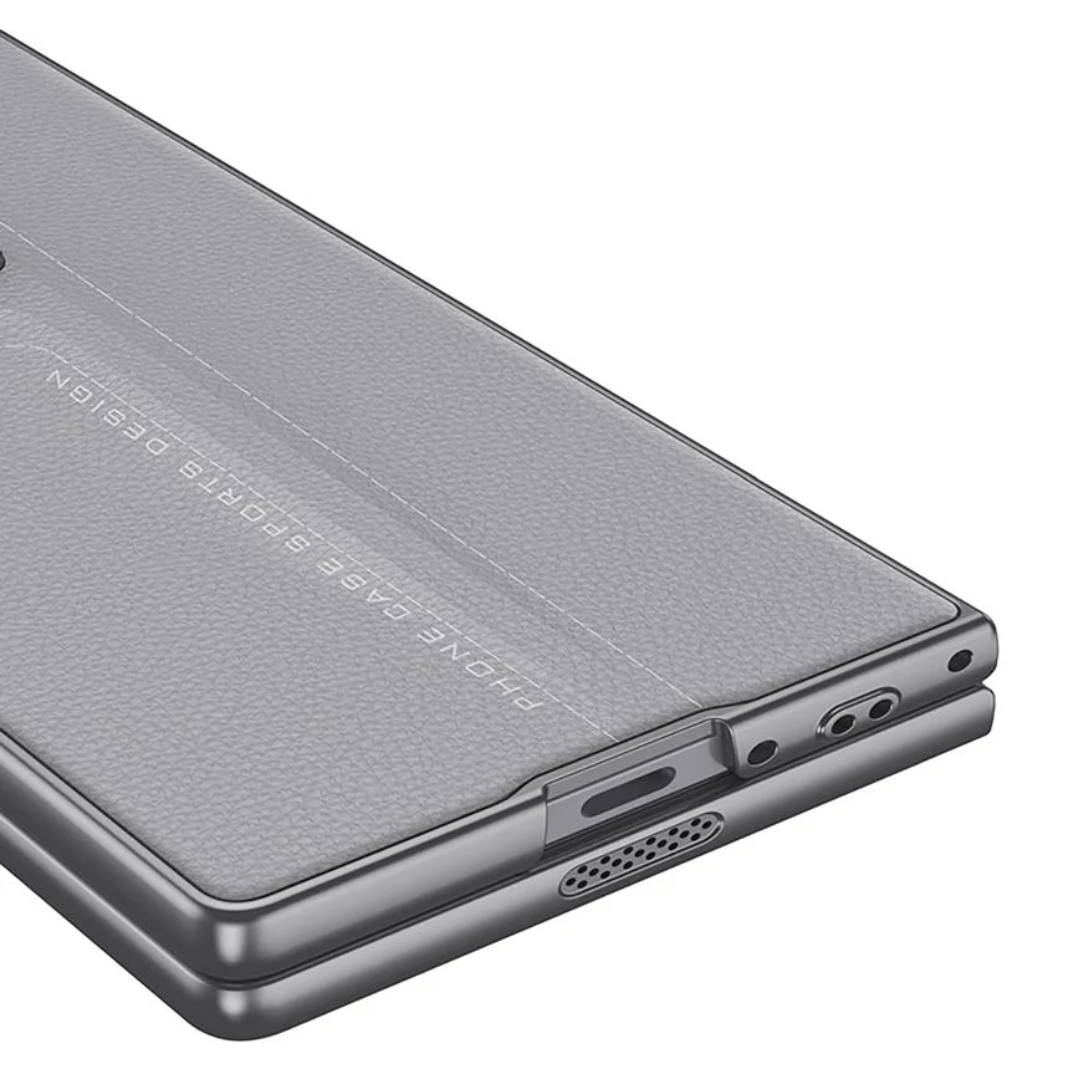 CarbonForge Armor Case for Samsung Galaxy Z Fold6 with stitched detailing, hinge protection, and front tempered glass