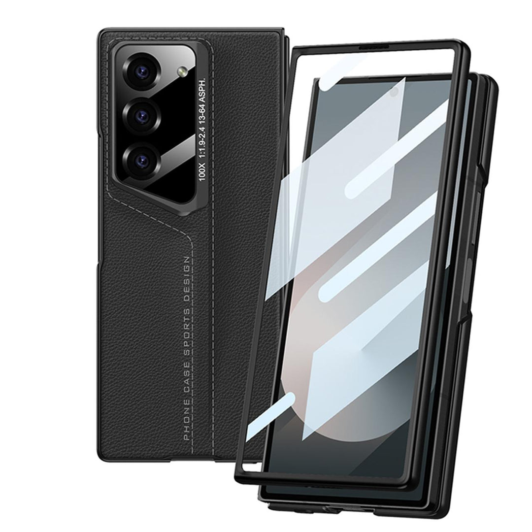CarbonForge Armor Case for Samsung Galaxy Z Fold6 with stitched detailing, hinge protection, and front tempered glass