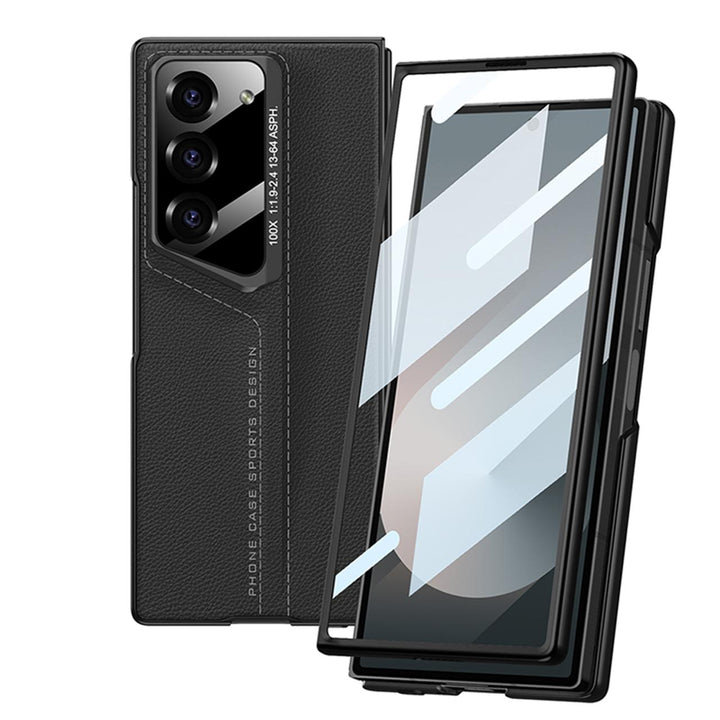 CarbonForge Armor Case for Samsung Galaxy Z Fold6 with stitched detailing, hinge protection, and front tempered glass