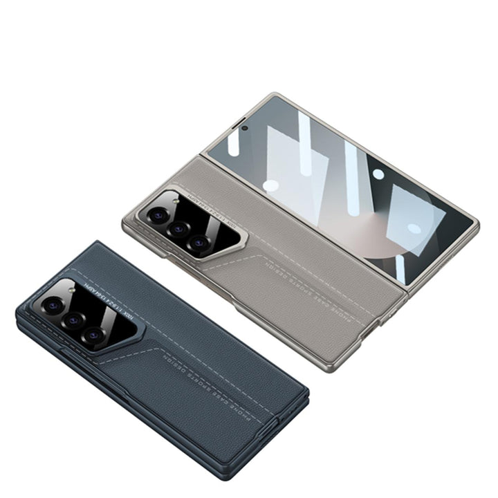 CarbonForge Armor Case for Samsung Galaxy Z Fold6 with stitched detailing, hinge protection, and front tempered glass