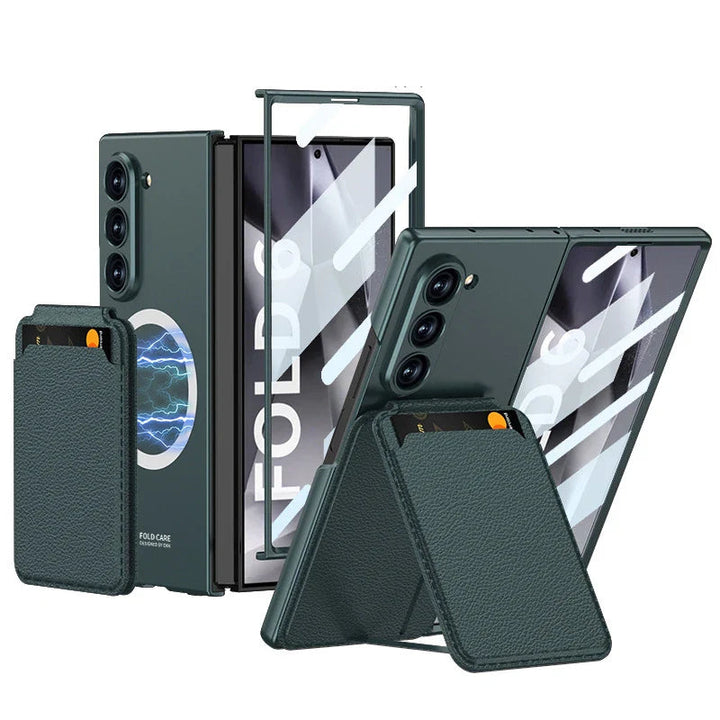 Samsung Galaxy Z Fold6 case with magnetic wireless charging ring, leather card holder stand, and full hinge protection