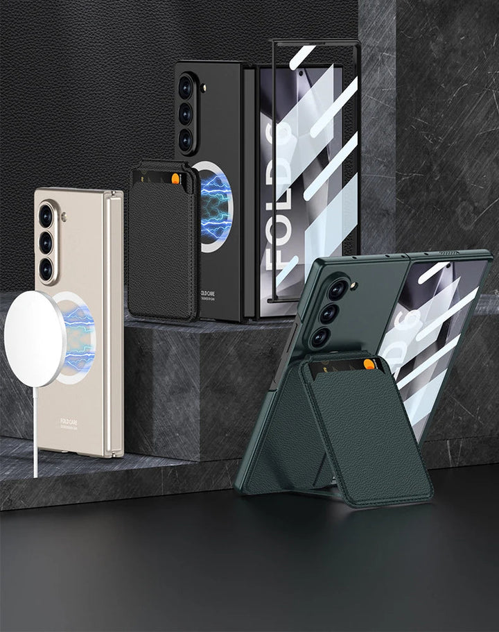 Samsung Galaxy Z Fold6 case with magnetic wireless charging ring, leather card holder stand, and full hinge protection