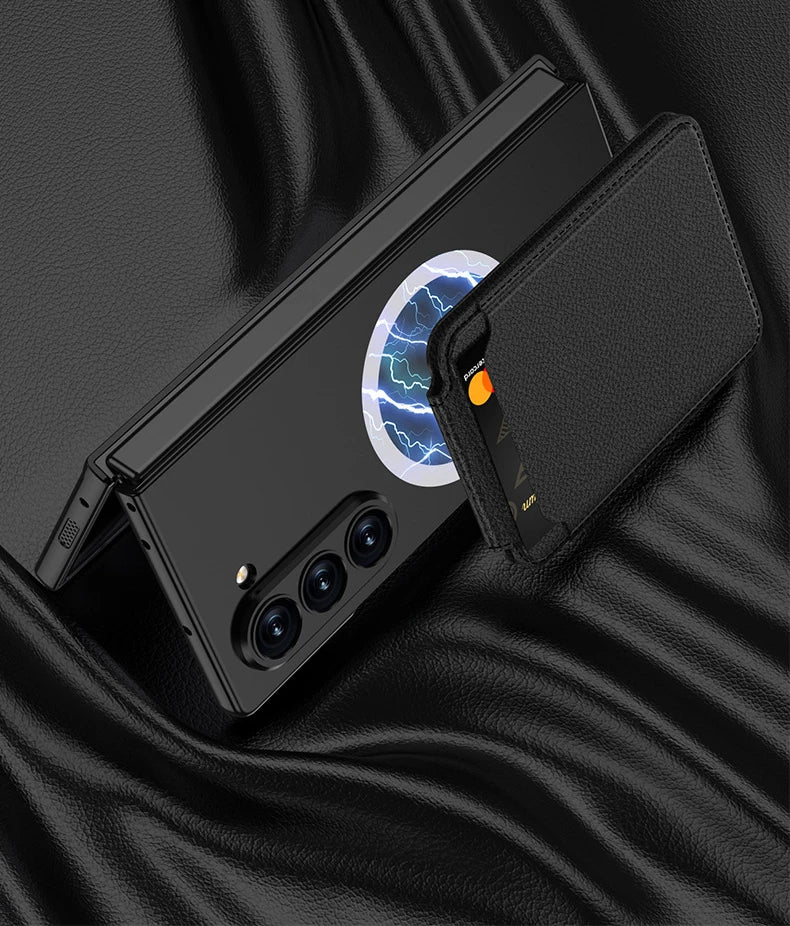 Samsung Galaxy Z Fold6 case with magnetic wireless charging ring, leather card holder stand, and full hinge protection