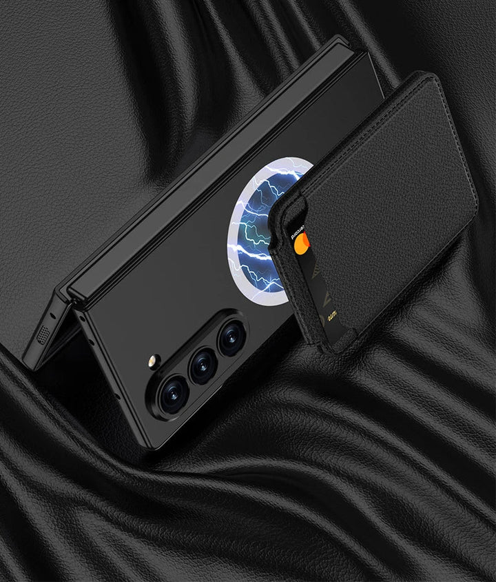 Samsung Galaxy Z Fold6 case with magnetic wireless charging ring, leather card holder stand, and full hinge protection