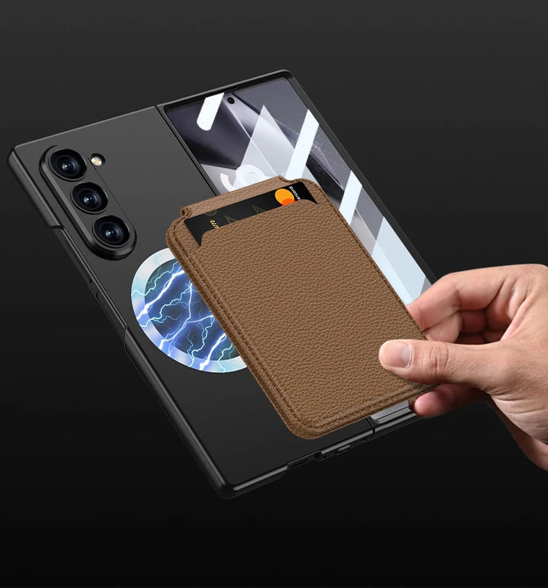 Samsung Galaxy Z Fold6 case with magnetic wireless charging ring, leather card holder stand, and full hinge protection