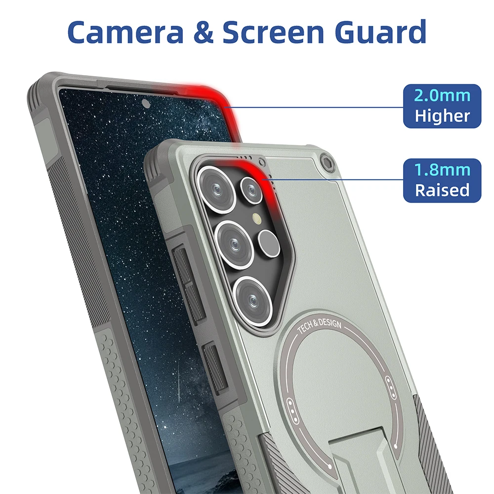 TitanShield magnetic kickstand case for iPhone with MagSafe ring, reinforced corners, and built-in kickstand for wireless charging support
