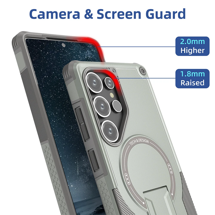 TitanShield magnetic kickstand case for iPhone with MagSafe ring, reinforced corners, and built-in kickstand for wireless charging support